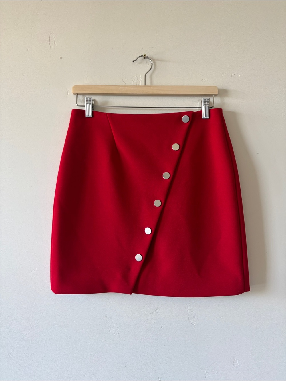 MAJE Cherry 🍒 Red Mini Skirt with Brushed Metal Snap Buttons - Size 40